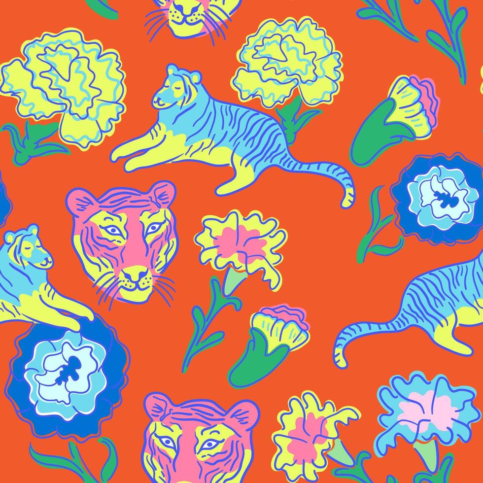 seamless pattern with carnation flowers and tigers on red vector