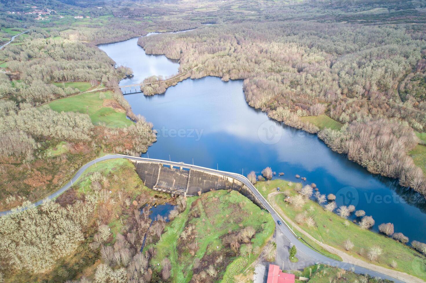 aerial view with drone of the Sezelhe reservoir, council of Montalegre. North of Portugall. Mountain lake forest concept photo