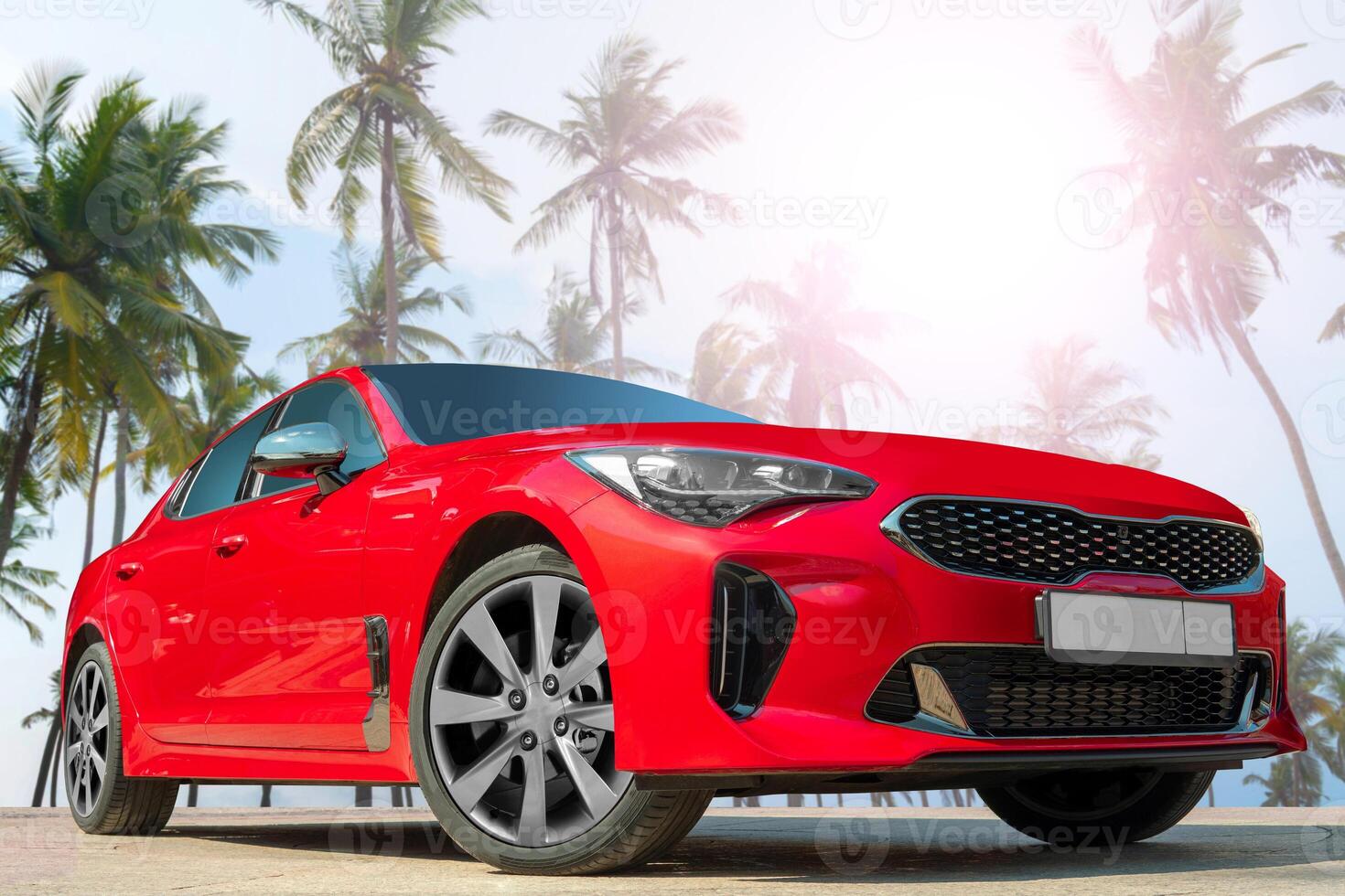 Red car on a background of palm trees. Stylish, modern, bright image of the car for design solutions. photo