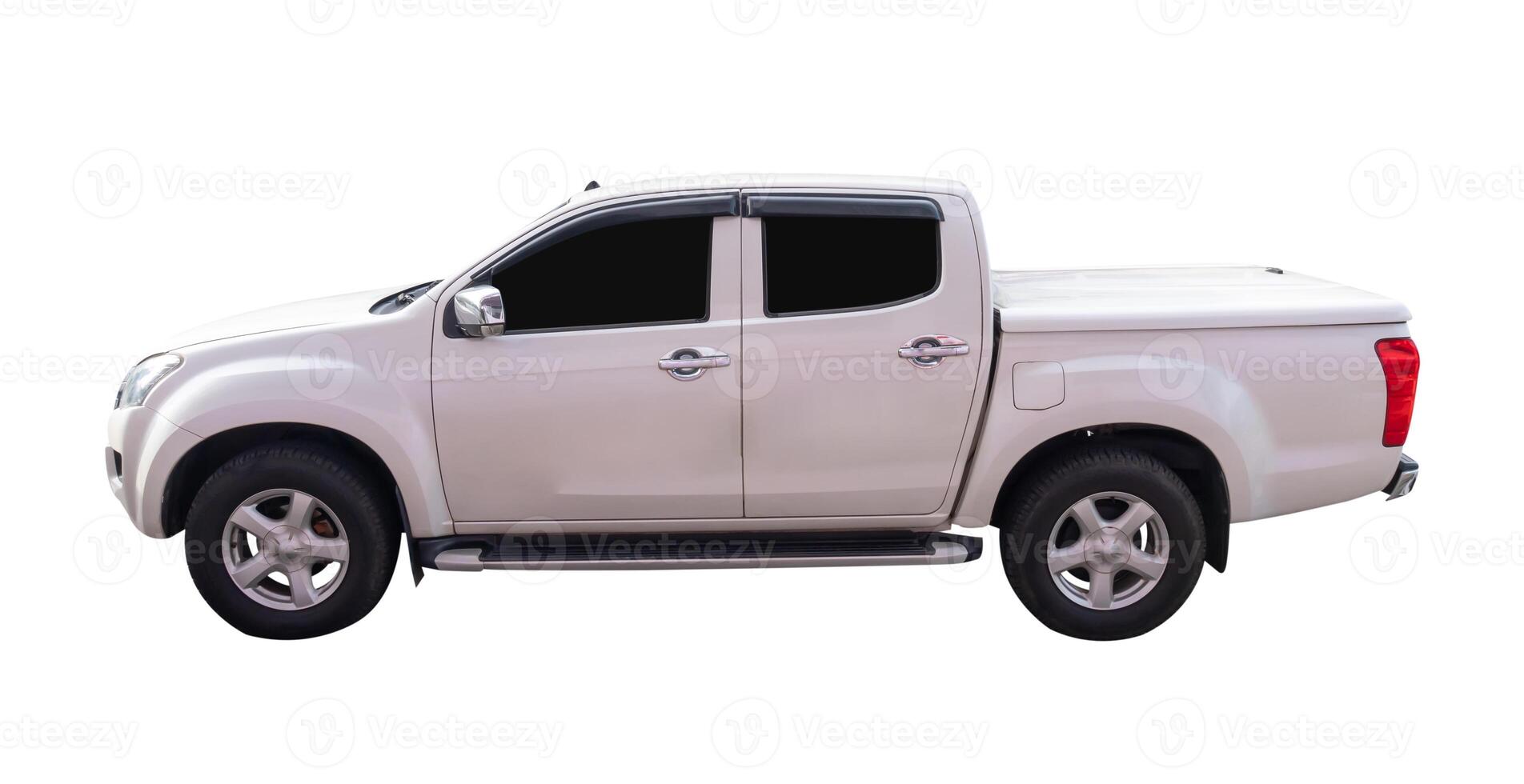 Side view of white or silver pickup truck isolated on white background with clipping path photo