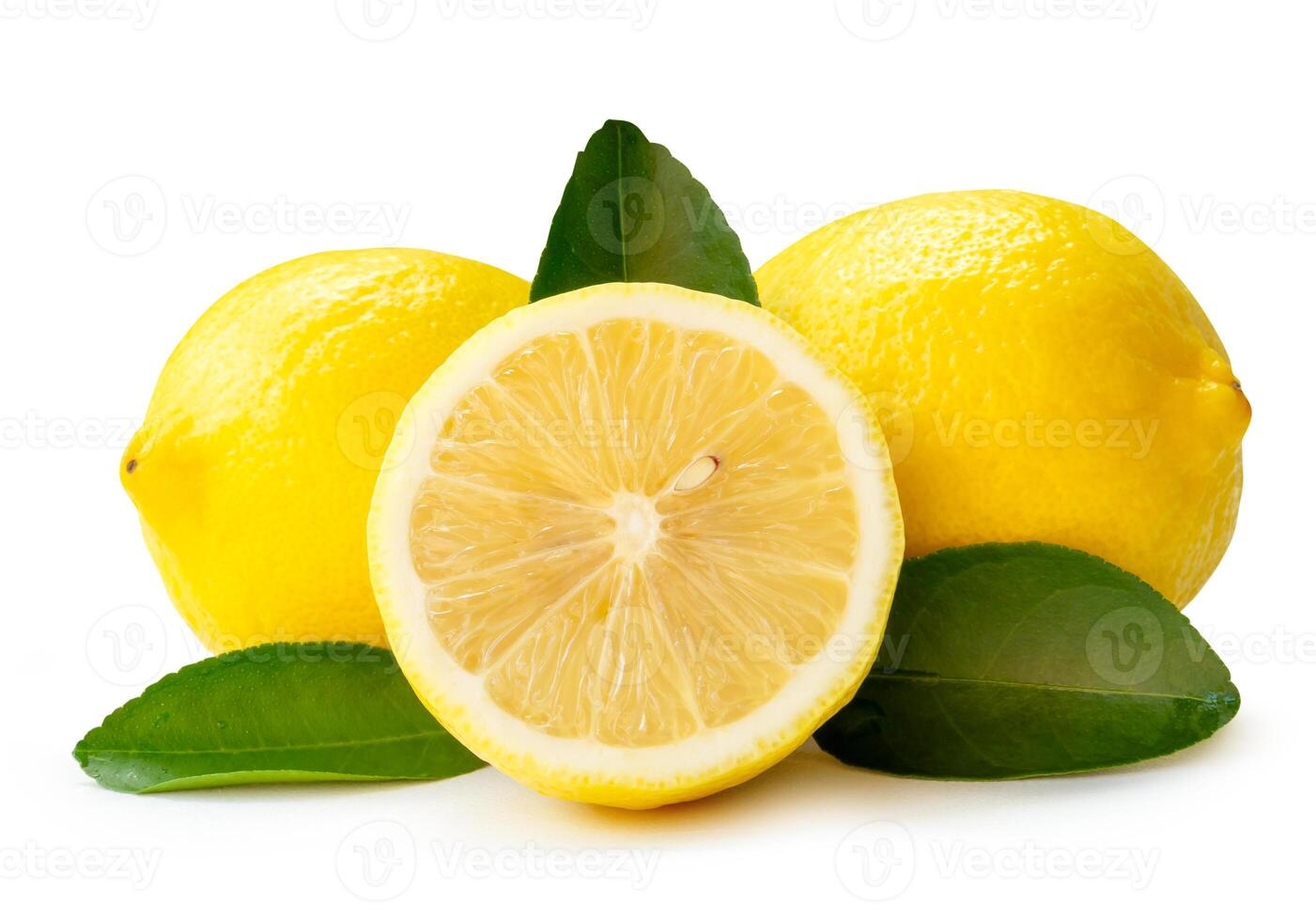 Front view of yellow lemon fruits with half and leaves in stack isolated on white background with clipping path photo