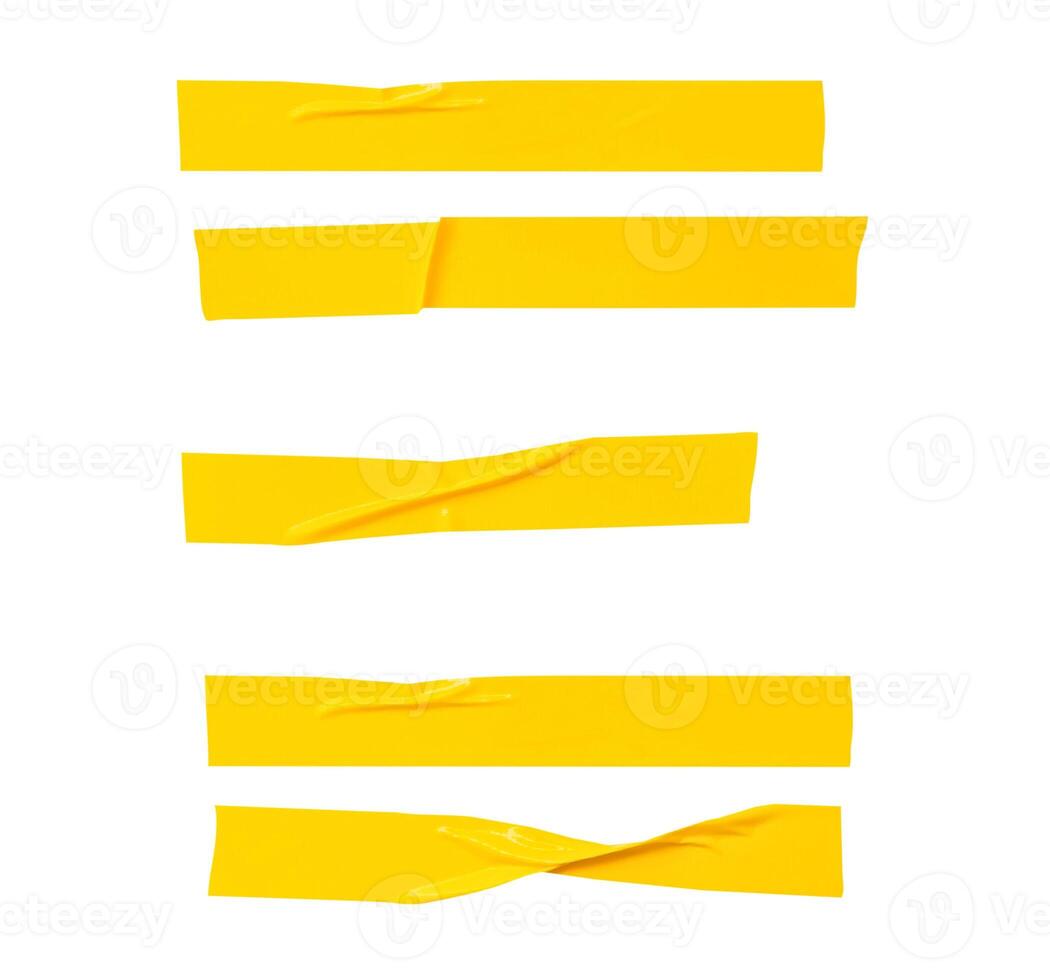 Top view set of wrinkled or crumpled yellow adhesive vinyl tape or cloth tape in stripes shape isolated on white background with clipping path photo