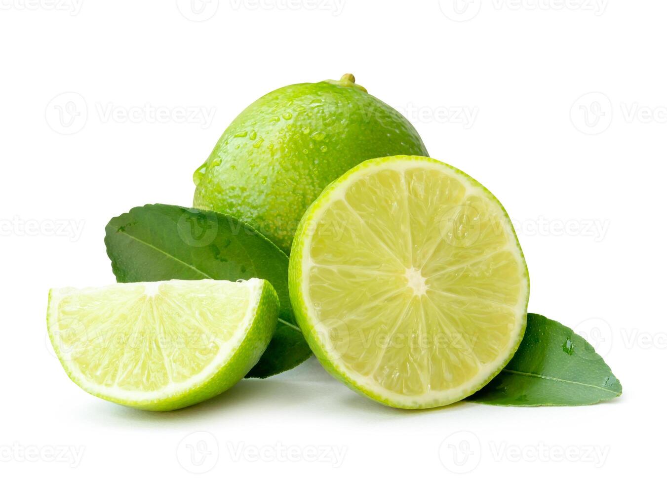 Front view of fresh green lemon fruit and half with slice or quarter and green leaves isolated on white background with clipping path photo