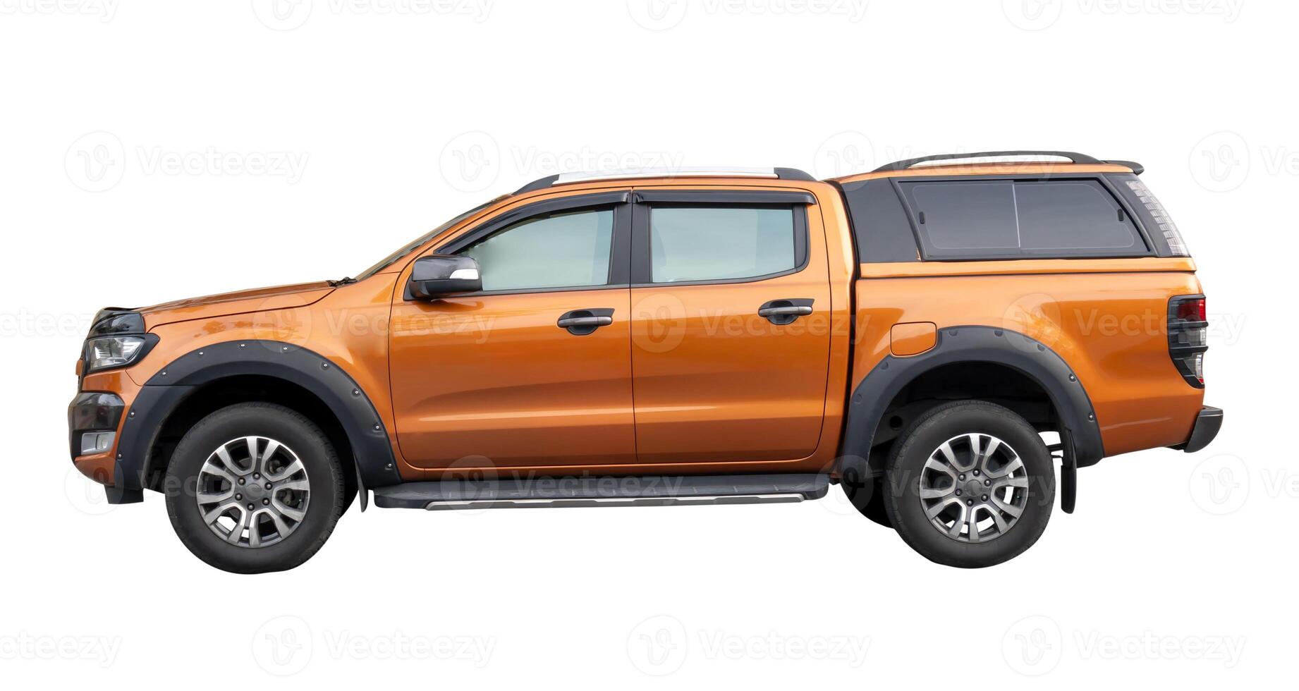 Side view of dark orange pickup truck isolated on white background with clipping path photo