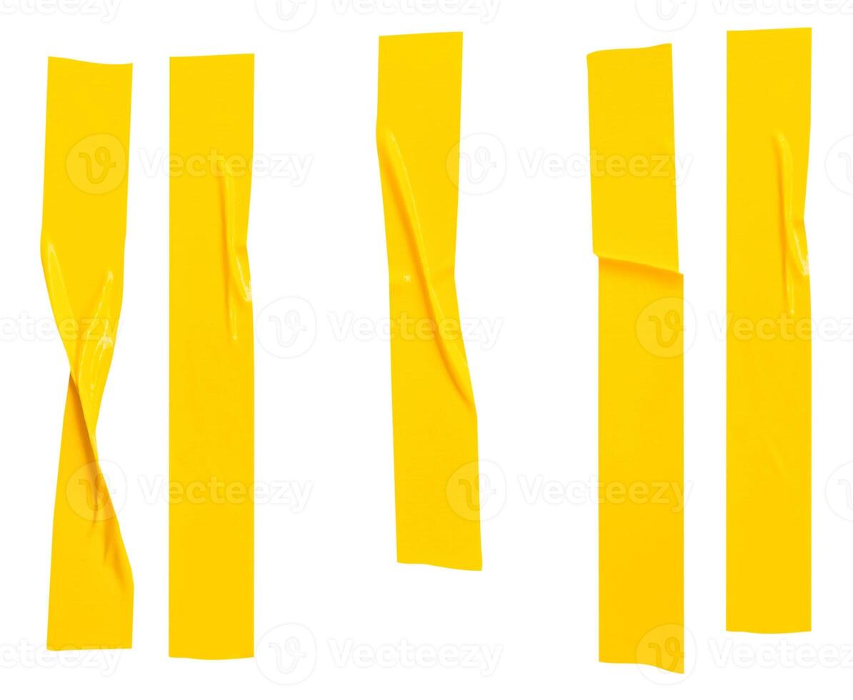 Top view set of wrinkled or crumpled yellow adhesive vinyl tape or cloth tape in stripes shape isolated on white background with clipping path photo