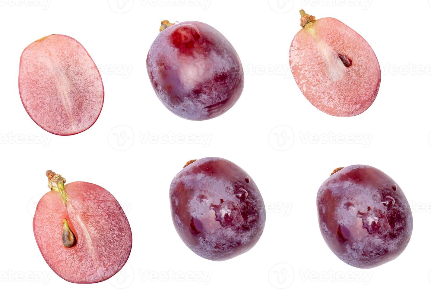 Top view set of fresh red grape or purple grape fruits with halves isolated on white background photo