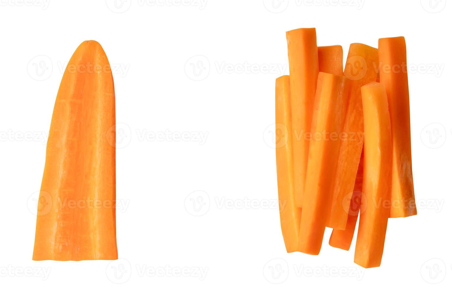 Top view set of orange carrot slice or piece in stick shape in stack isolated on white background with clipping path photo
