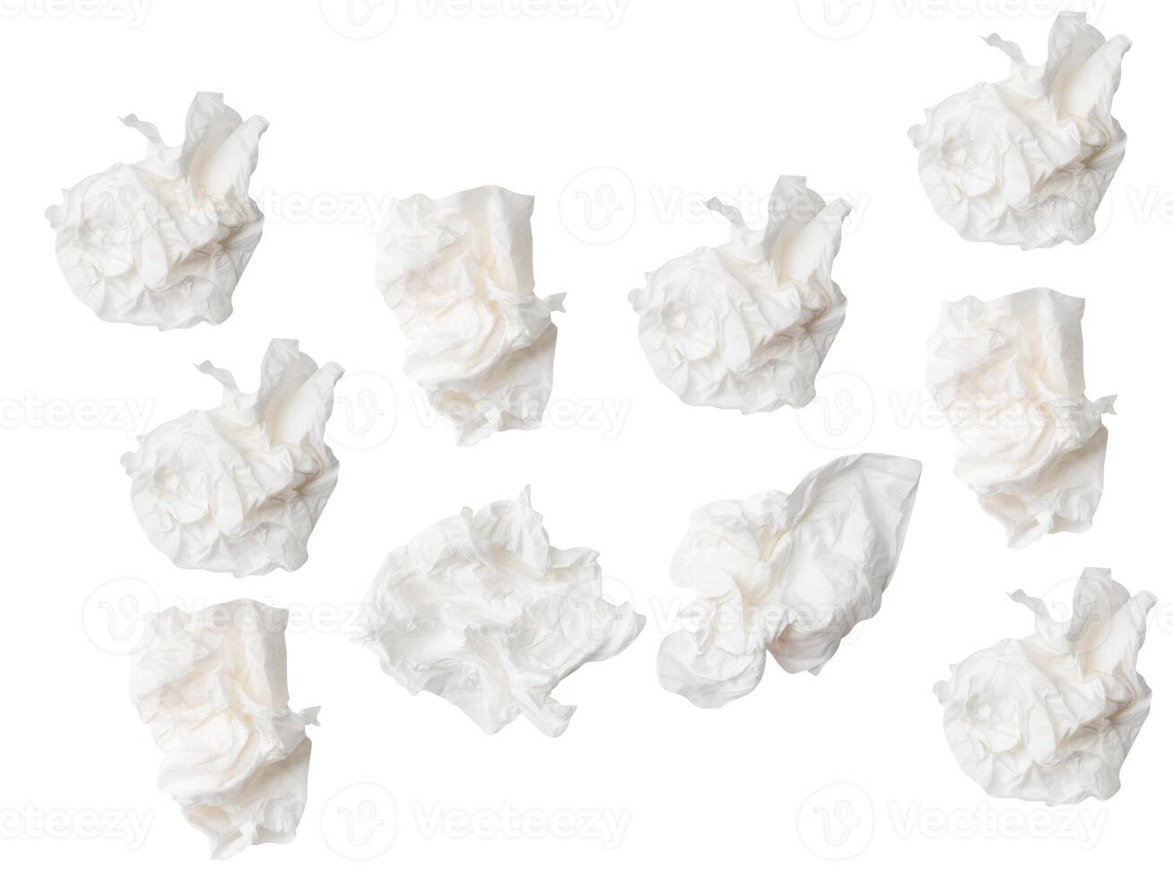 Top view set of screwed or crumpled white tissue paper ball isolated on white background with clipping path photo