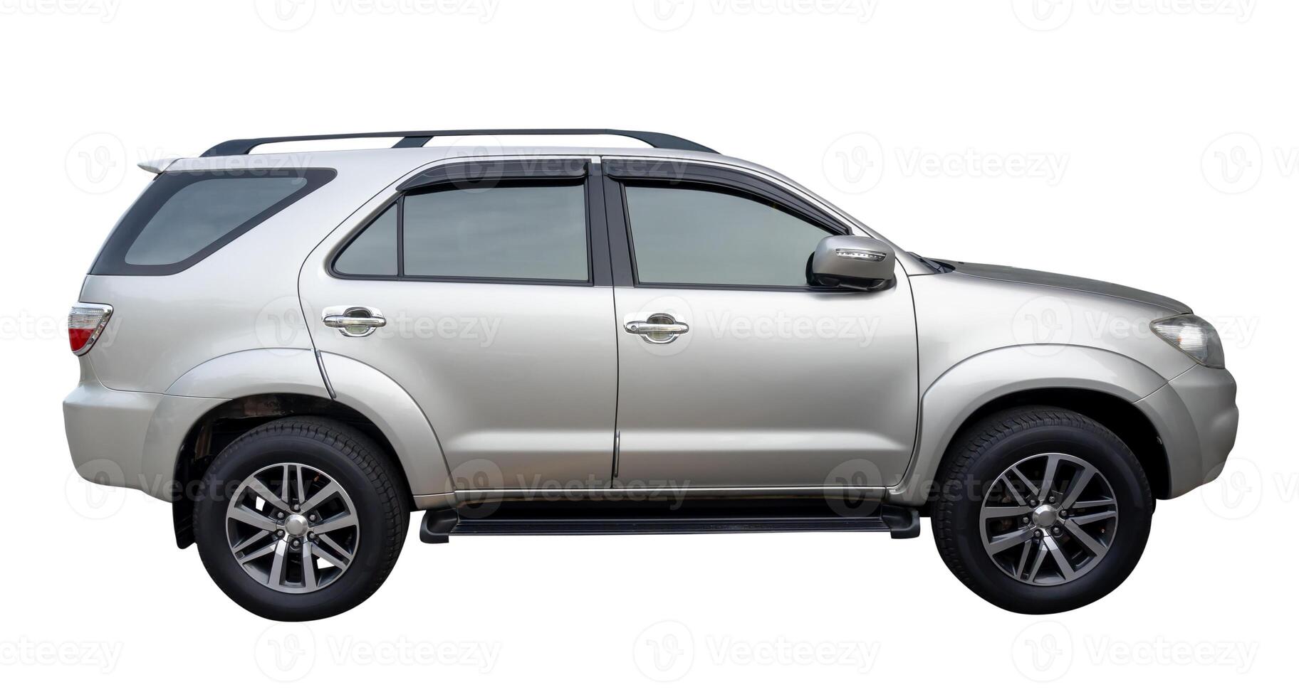 Side view of elegant silver SUV sports car isolated on white background with clipping path photo