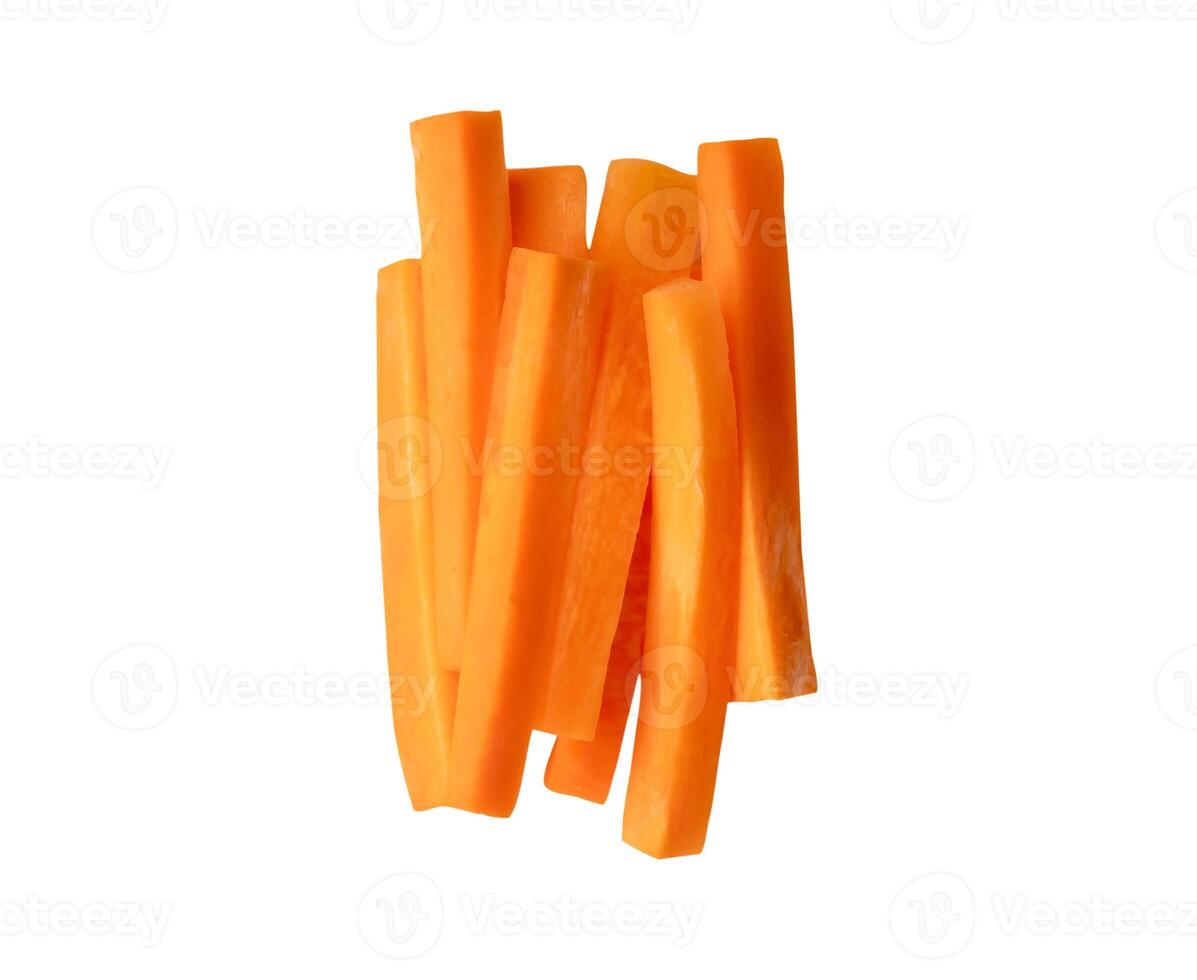 Top view of orange carrot slice or piece in stick shape in stack isolated on white background with clipping path photo