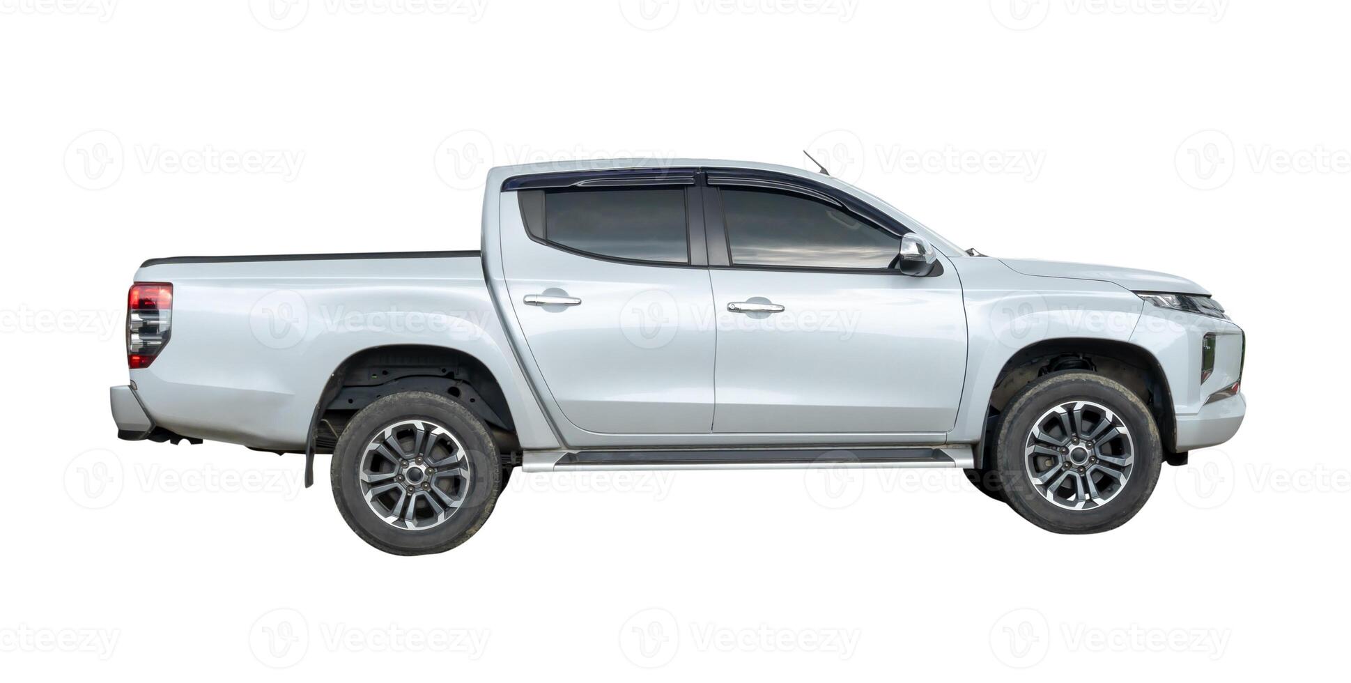 Side view of white or silver pickup truck isolated on white background with clipping path photo