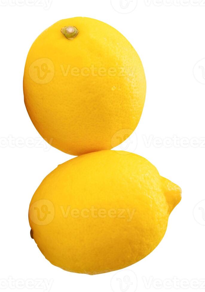 Top view of two fresh ripe yellow lemon fruit in stack isolated on white background photo