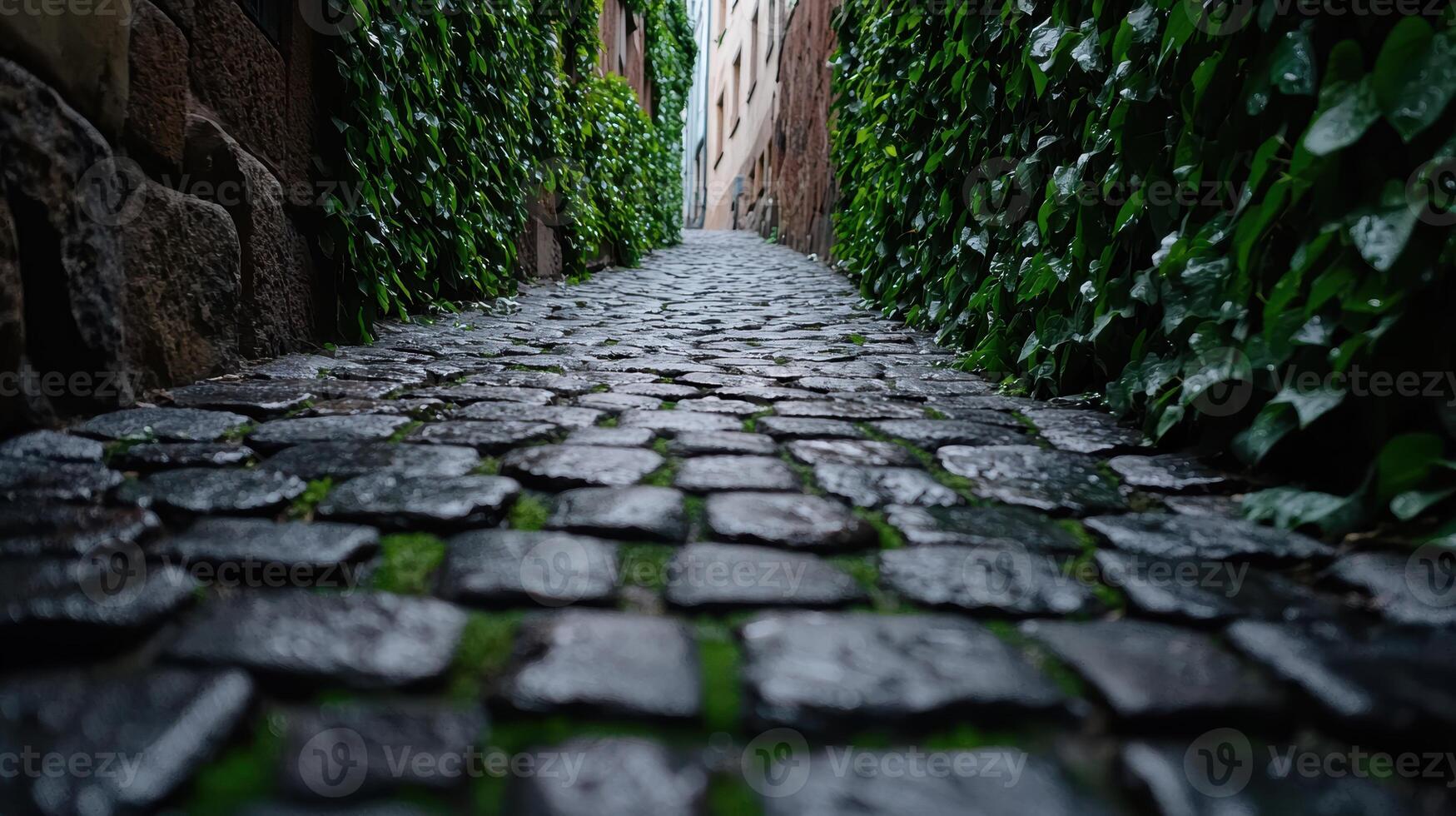 Cobblestone path through lush greenery photo