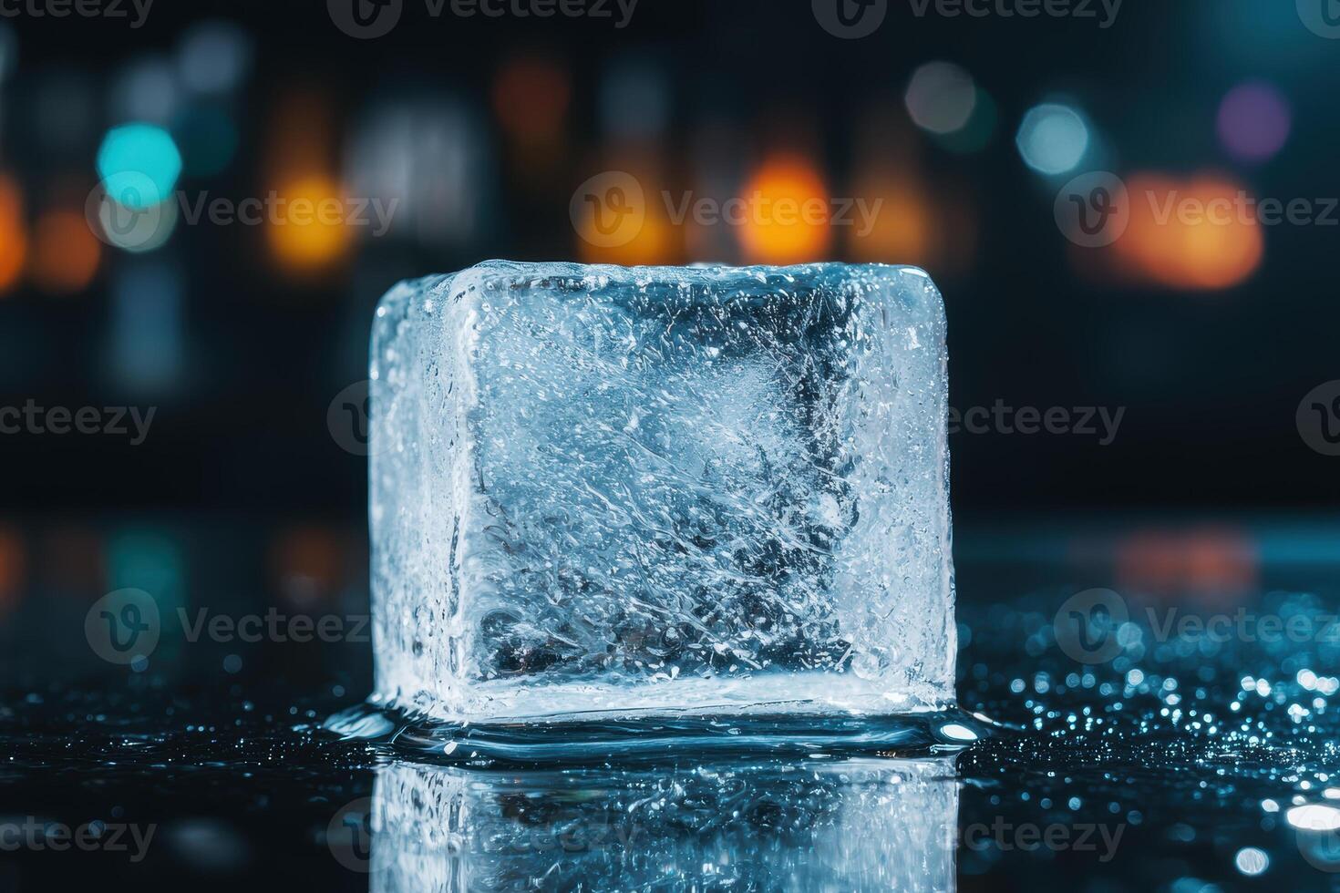 Glowing ice cube on dark background photo