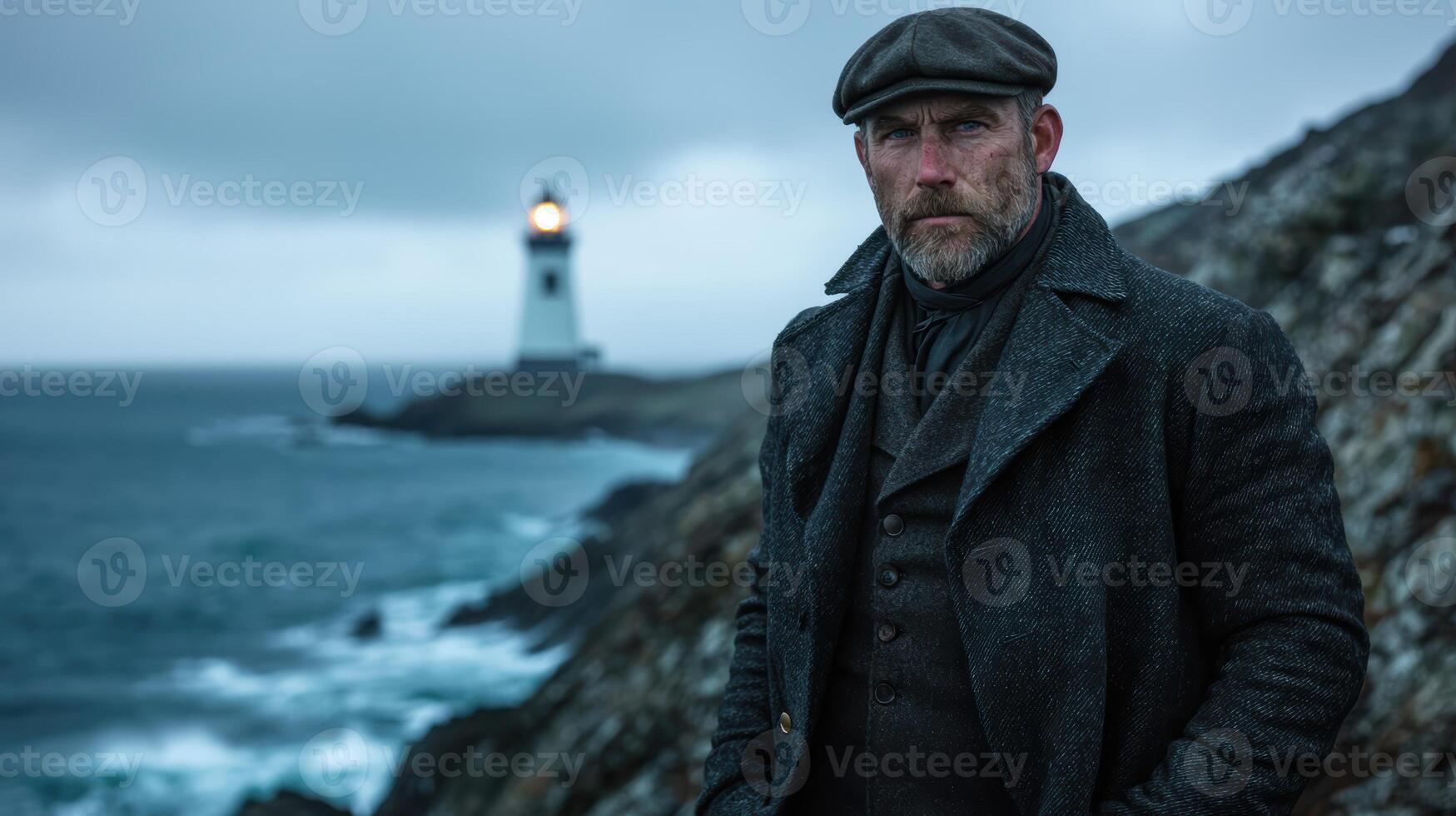 Rugged man standing near lighthouse on rocky coast photo