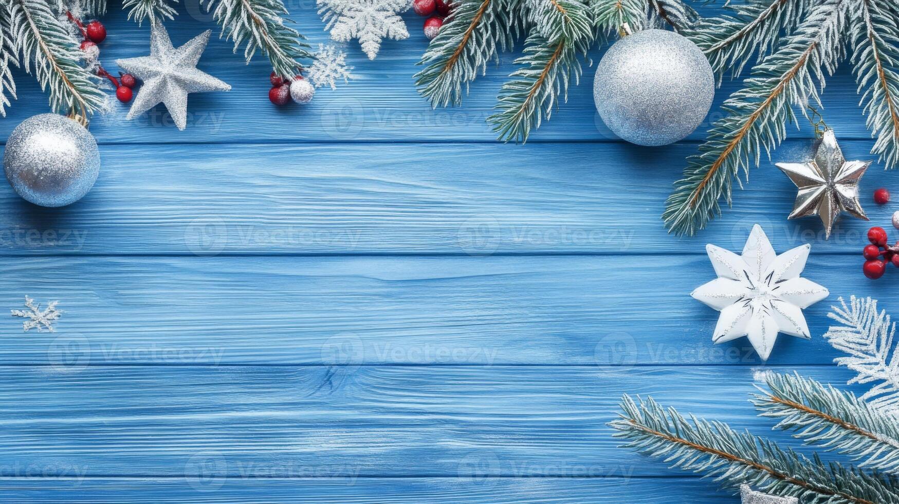 Christmas Decoration on painted blue Wooden Background with Bright Monocolor Creative Design photo