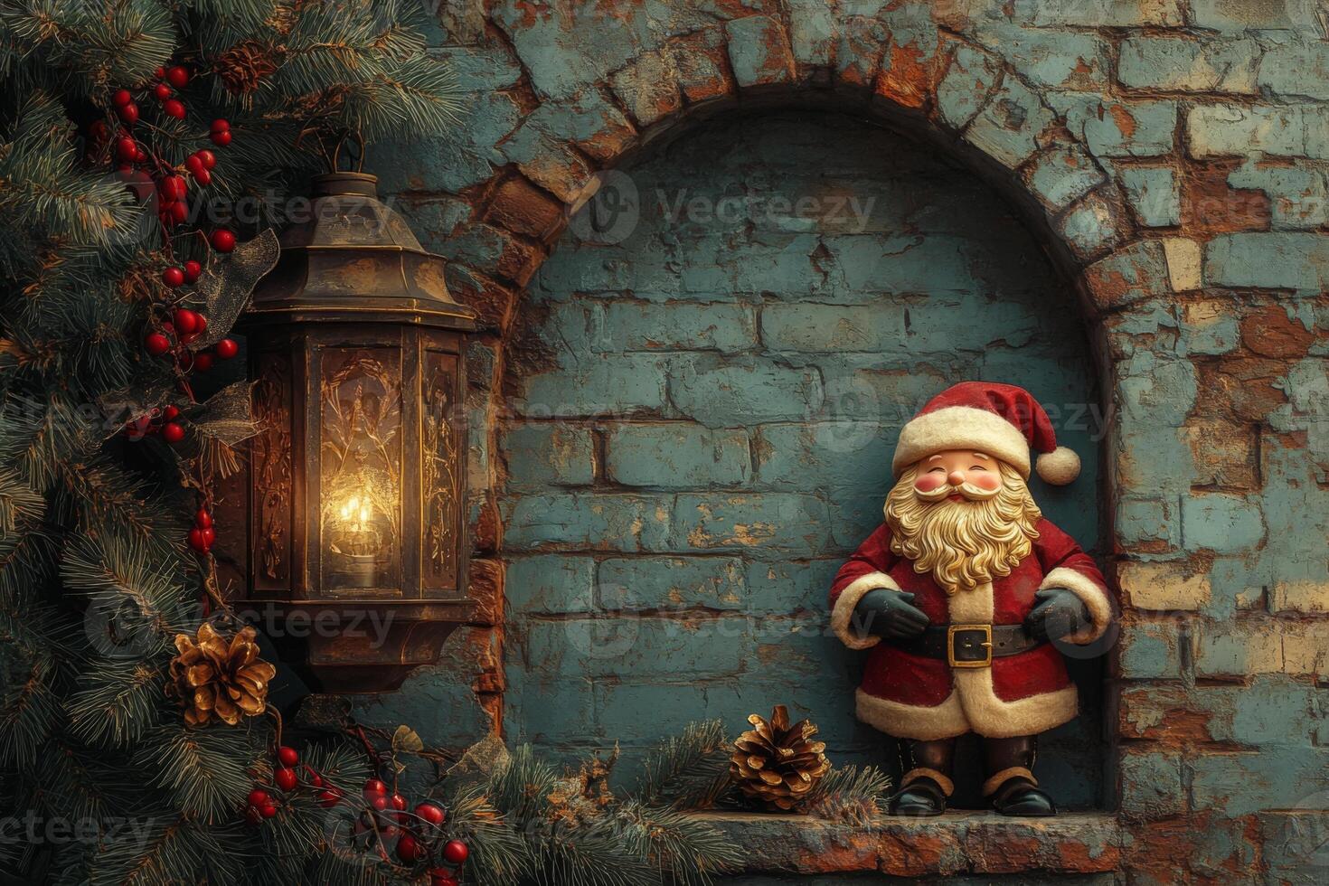 Timeless Brick Arch Adorned with Santa, Golden Calligraphy, Fir Branch, and Holiday Lantern photo