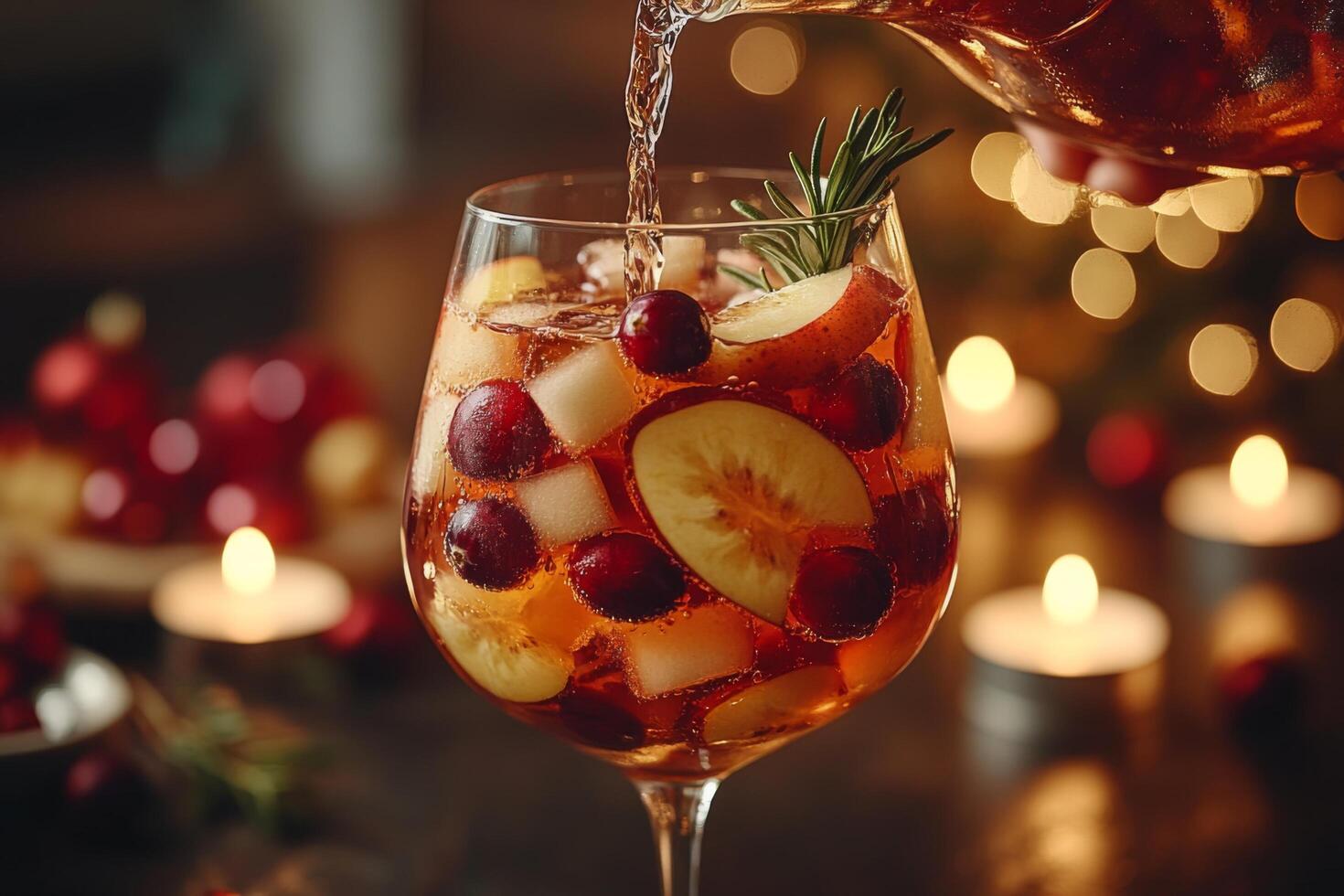 Female Hand Pouring Holiday Sangria with Seasonal Fruit, Cranberries, and Fresh Rosemary photo