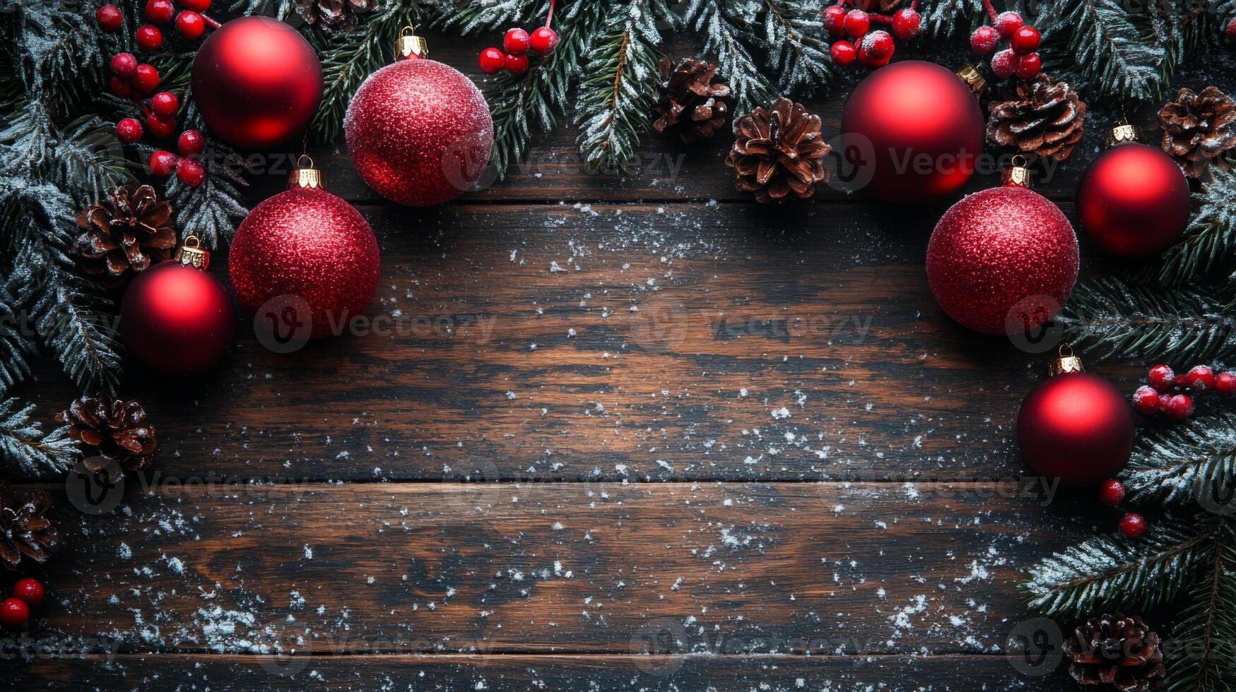 Christmas Decoration on aged dark Wooden Background with Bright Monocolor Creative Design photo