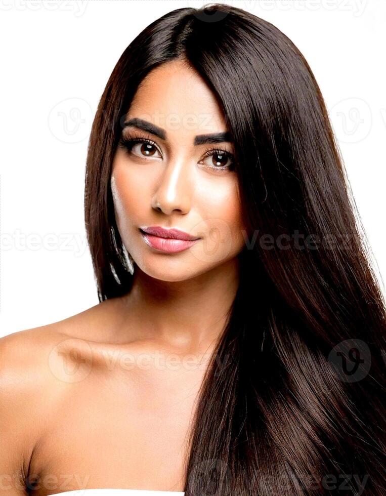 A beautiful woman with long, straight hair photo