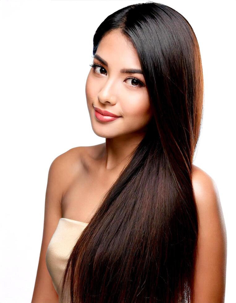 A beautiful young woman with long, straight hair photo