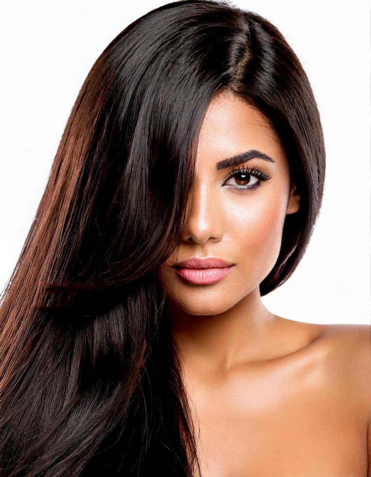 A woman with long, dark hair and makeup photo