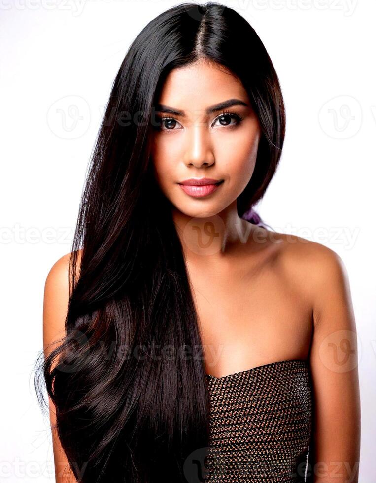 A woman with long black hair posing for a photo