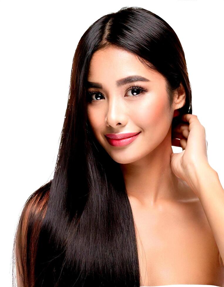 A woman with long straight hair posing for the camera photo