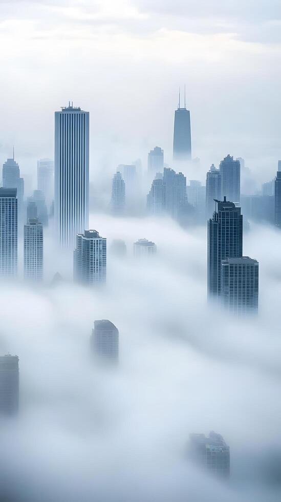 Aerial view of modern cityscape shrouded in fog with skyscrapers illuminated by warm lights photo
