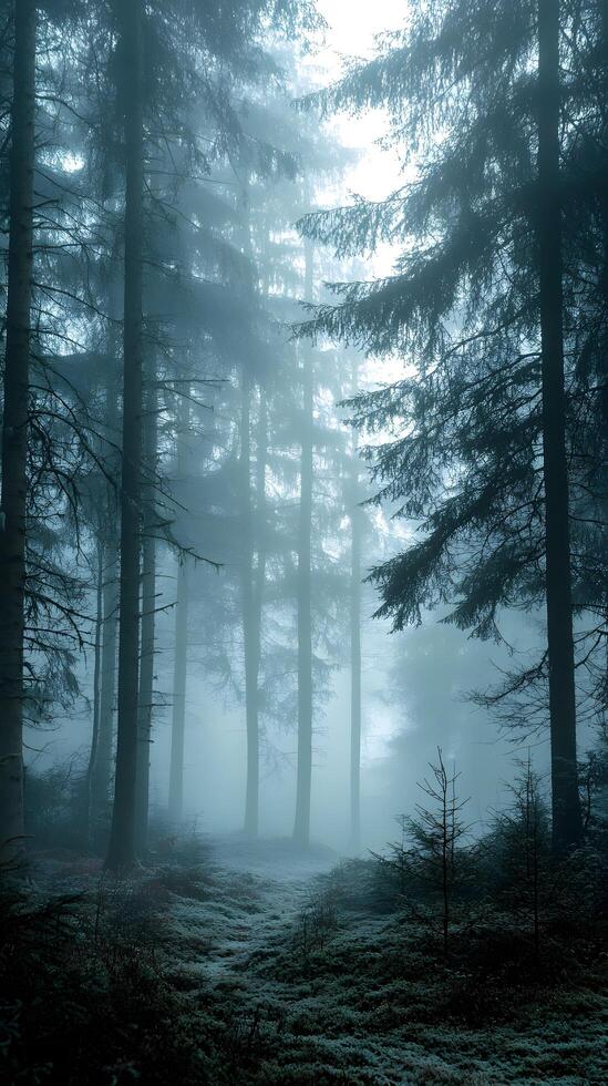 Serene Forest at Dawn with Majestic Pines and Sunlit Mist photo