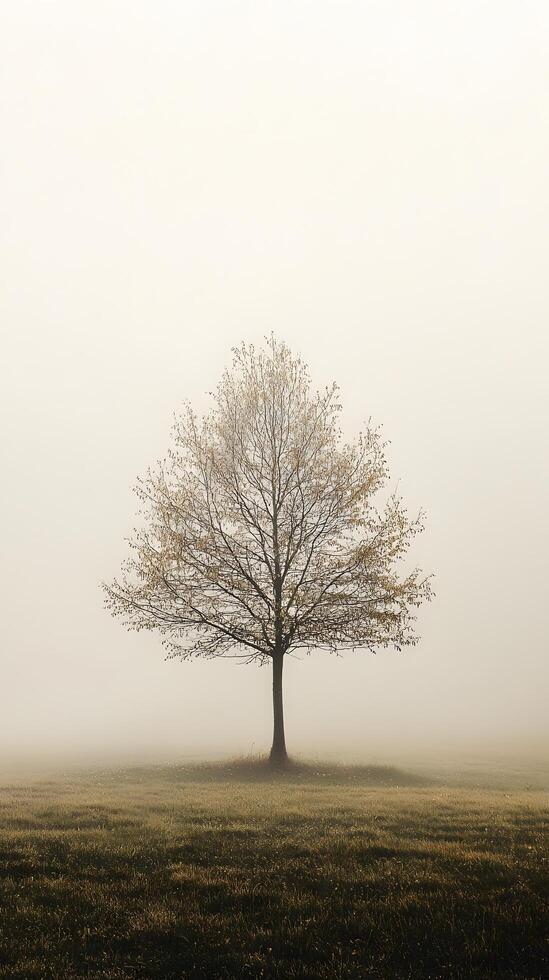 Solitary Tree in Mist-Covered Field with Haunting and Serene Atmosphere photo