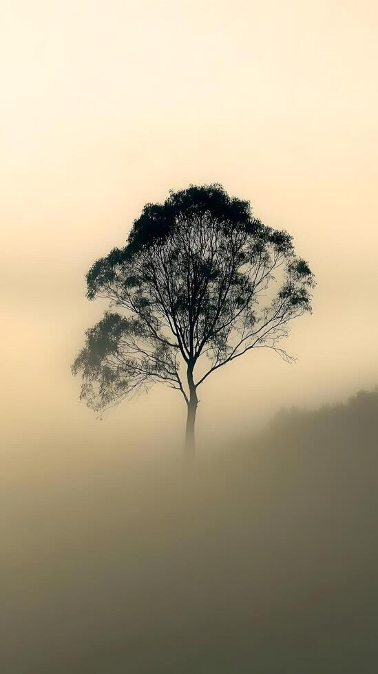 Solitary Tree in Mist-Covered Field with Haunting and Serene Atmosphere photo