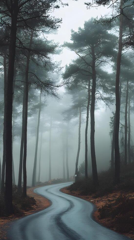Winding Road Through a Foggy Forest with Tall Pines and Ethereal Atmosphere photo