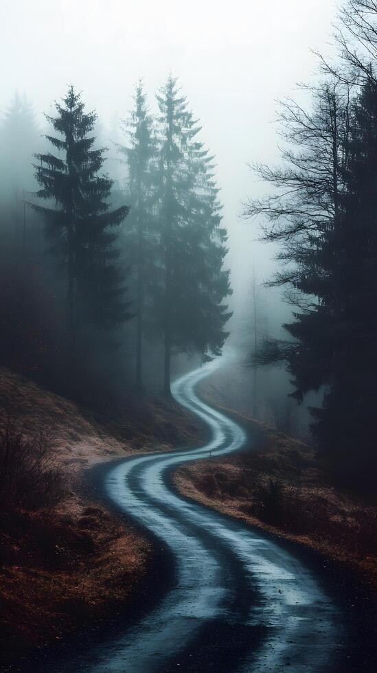 Winding Road Through a Foggy Forest with Tall Pines and Ethereal Atmosphere photo