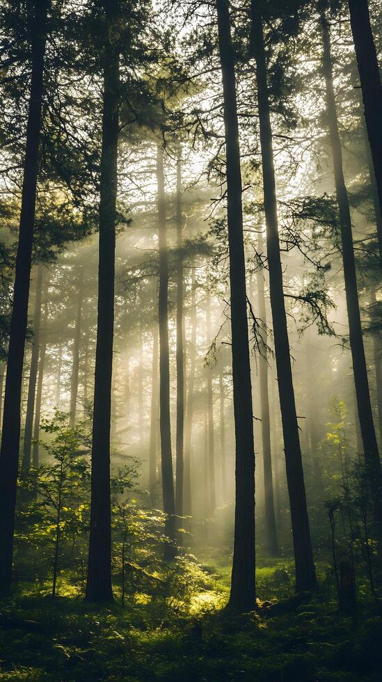 Serene Forest at Dawn with Majestic Pines and Sunlit Mist photo