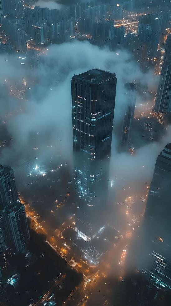 Aerial view of modern cityscape shrouded in fog with skyscrapers illuminated by warm lights photo