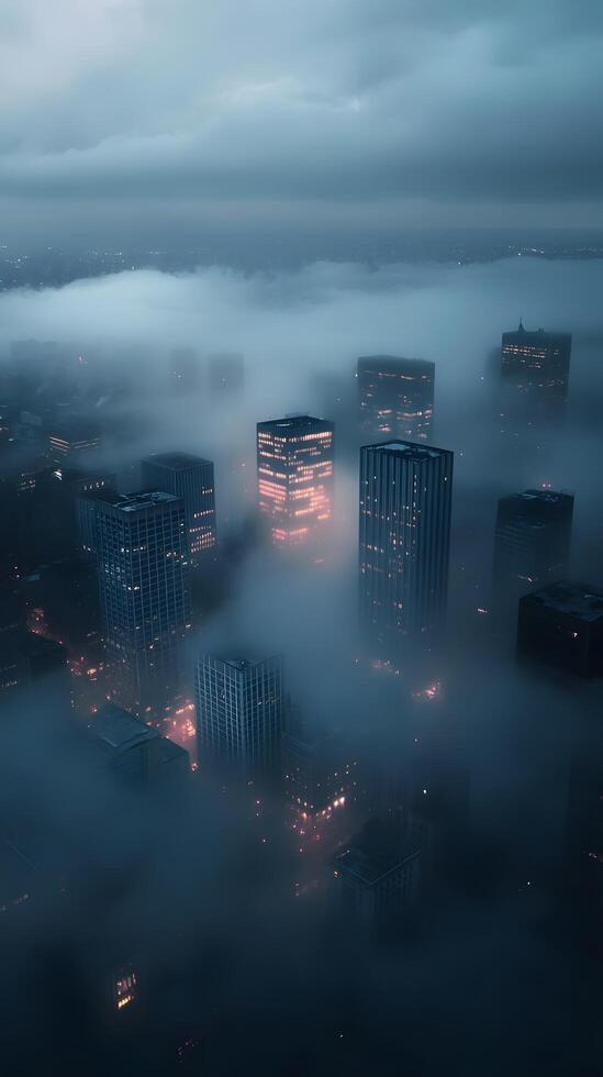 Aerial view of modern cityscape shrouded in fog with skyscrapers illuminated by warm lights photo