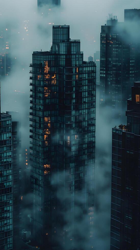 Aerial view of modern cityscape shrouded in fog with skyscrapers illuminated by warm lights photo