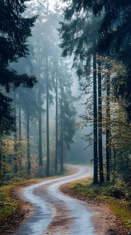 Winding Road Through a Foggy Forest with Tall Pines and Ethereal Atmosphere photo