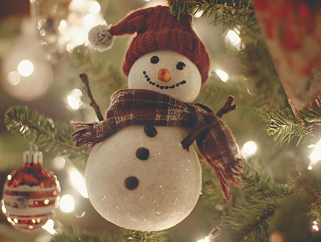 Whimsical Snowman Ornament on Evergreen Branch with Golden Lights photo