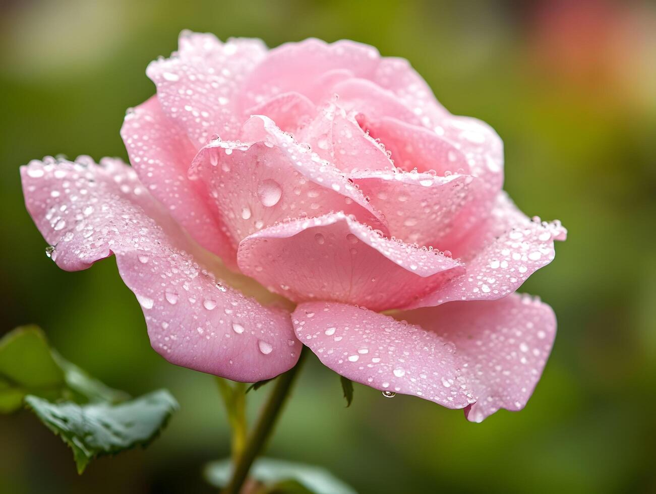 Close-Up of a Pink Rose with Morning Dew in a Lush Garden photo