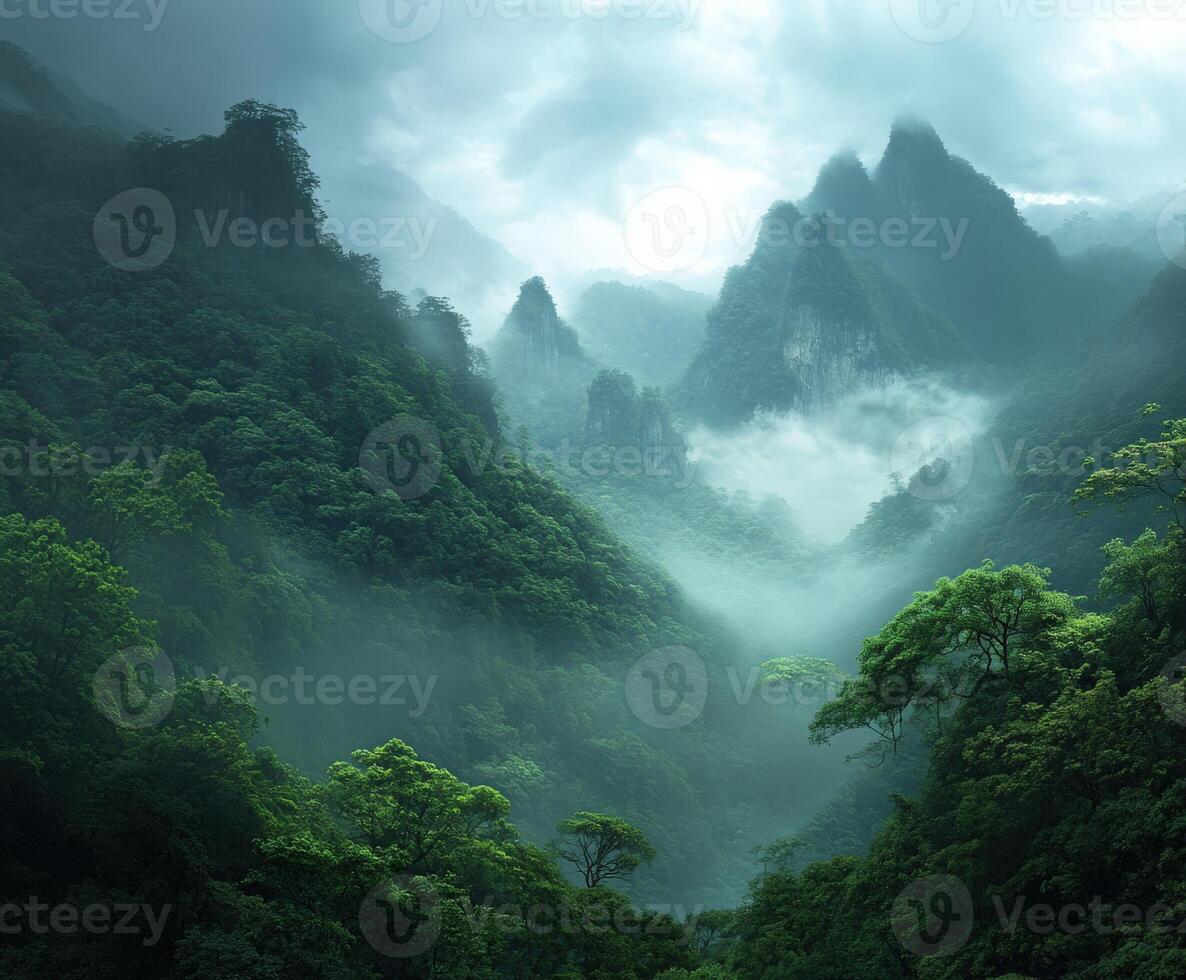 Misty morning in lush green mountains with fog and towering peaks photo