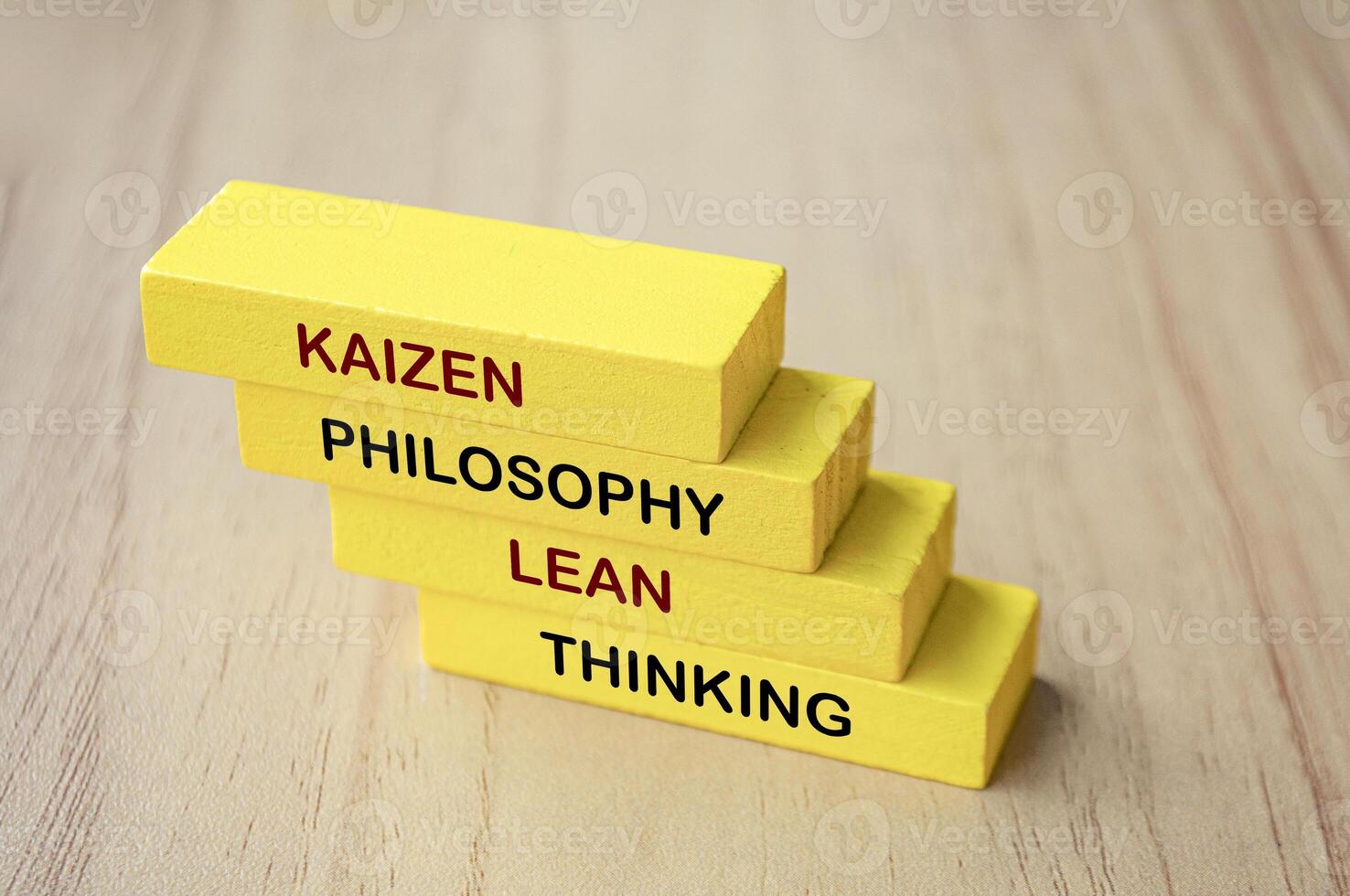 Top view of yellow wooden blocks with Kaizen Philosophy and Lean Thinking text. Process improvement and operational excellence concept photo