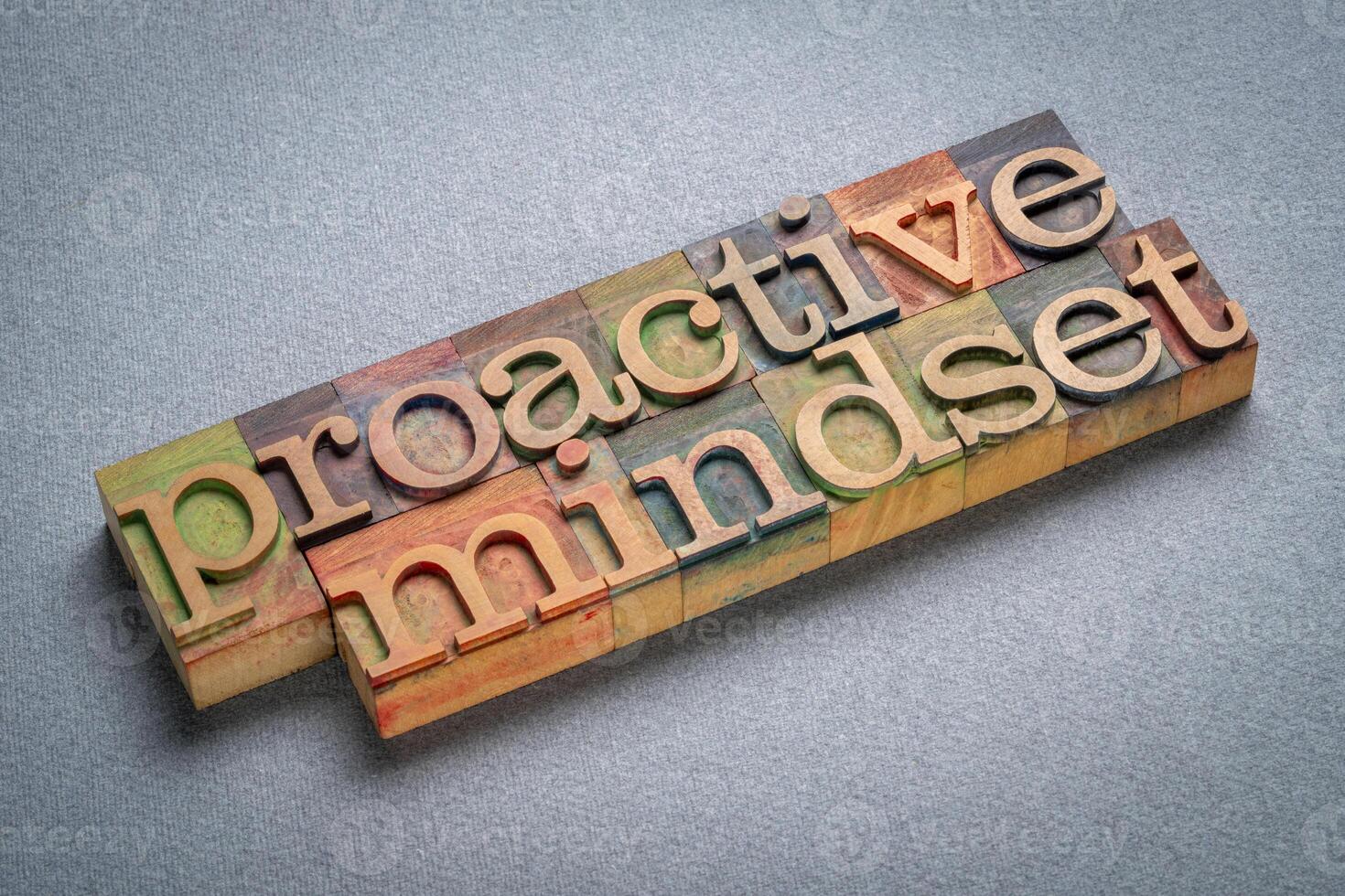 proactive mindset, approach to life characterized by taking initiative, anticipating challenges, and acting in advance to prevent problems, text in wood type photo