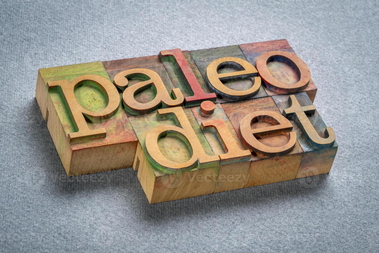 paleo diet, also known as the caveman diet, is a low-carb, high-protein die, text in retro letterpress wood type stained by color inks photo