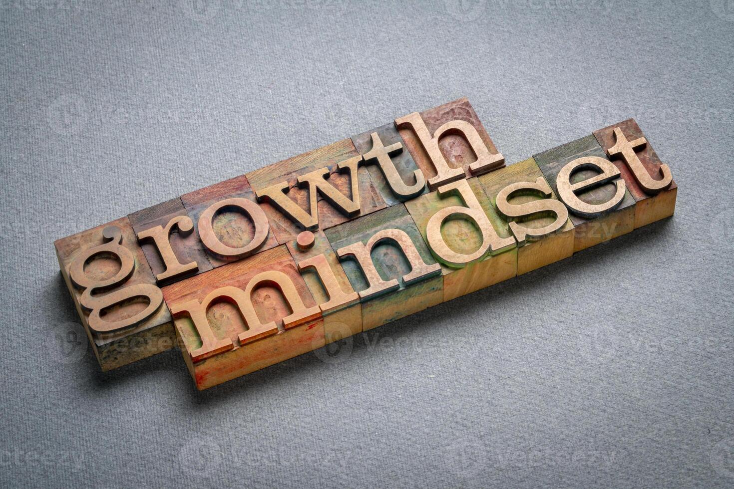 growth mindset, positive attitude, learning and growing potential, text in retro letterpress wood type stained by color inks photo