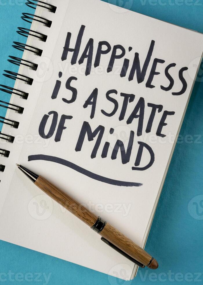 happiness is a state of mind - inspirational handwriting in a spiral notebook, success, positivity and personal development concept photo