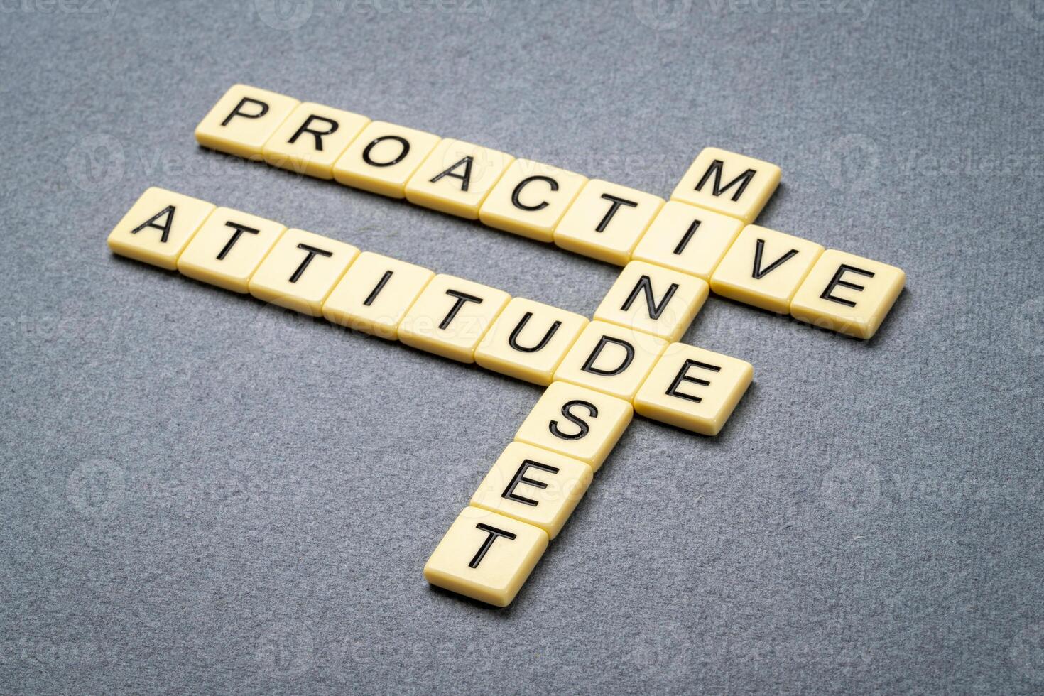 proactive mindset - crossword in ivory tiles against gray textured paper, business and personal development concept photo
