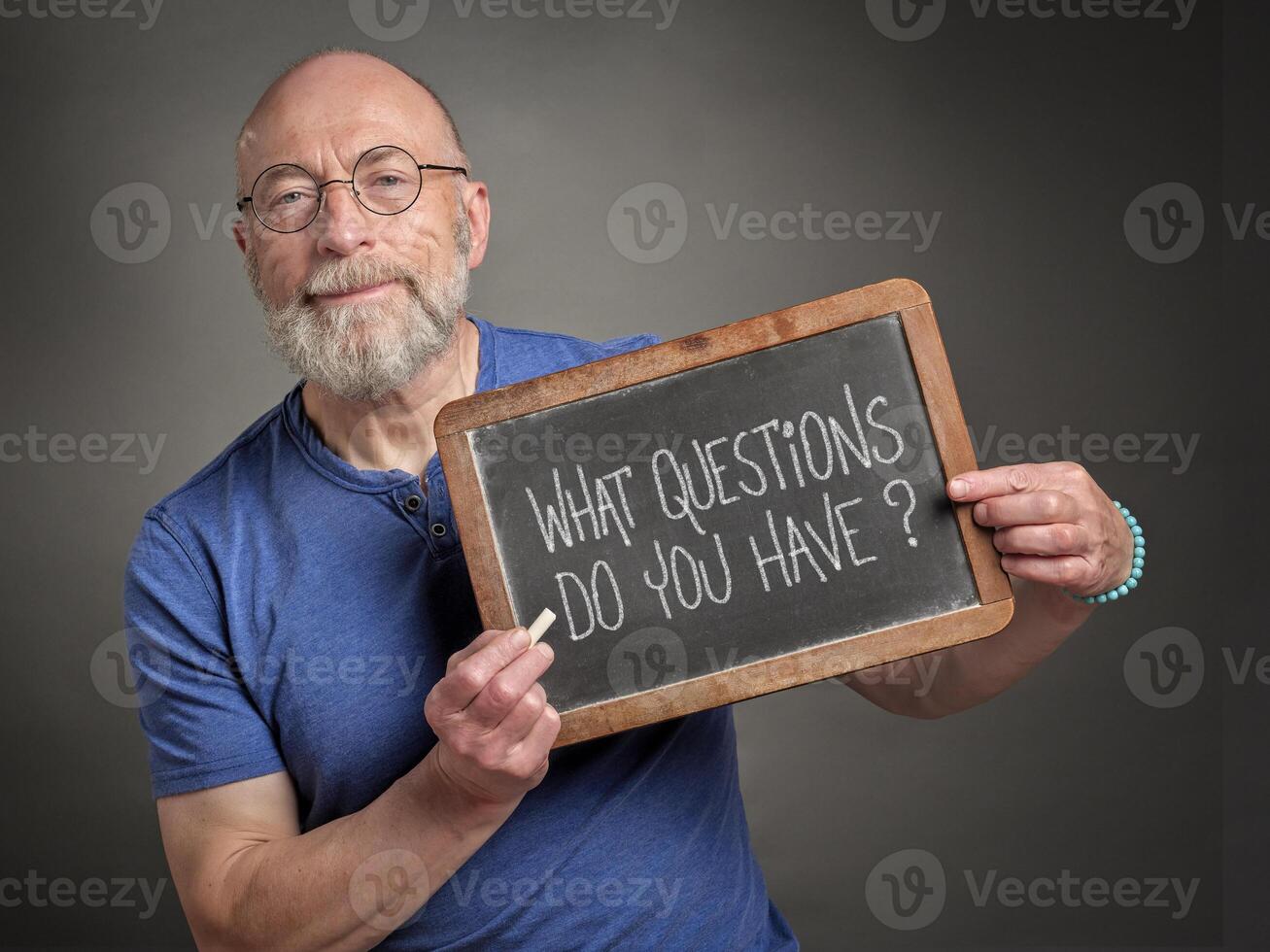 What questions do you have. Text on a blackboard. photo