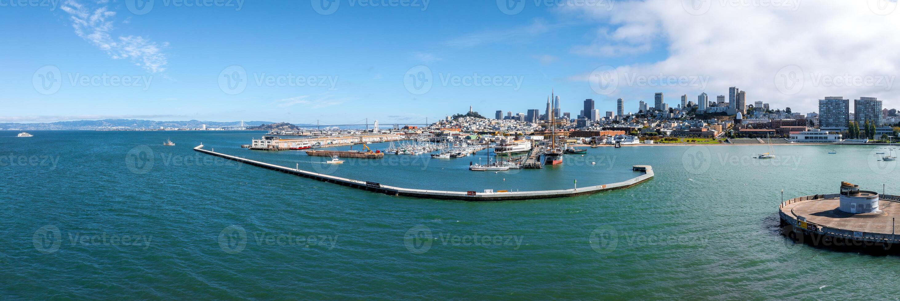 Aerial View of San Francisco Skyline with Coit Tower and Bay Bridge photo